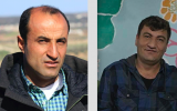 This undated photo released by the Syrian anti-government activist group Kafranbl News, which has been authenticated based on its contents and other AP reporting, shows a portrait of the anti-Syrian government activist Hammoud al-Juneid,(R) and Raed Fares (L). (Kafranbl News via AP)