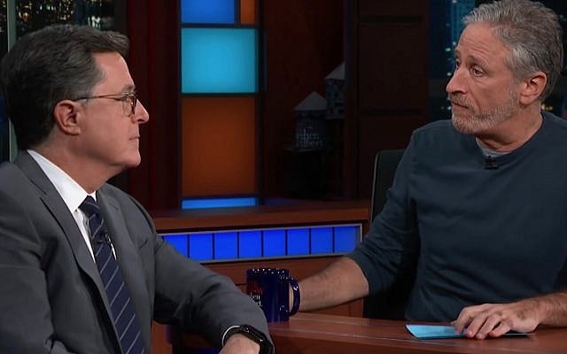 Stephen Colbert and Jon Stewart on 'The Late Show' on CBS on November 27, 2018. (Screen capture: YouTube) Stephen Colbert and Jon Stewart on 'The Late Show' on CBS on November 27, 2018. (Screen capture: YouTube)