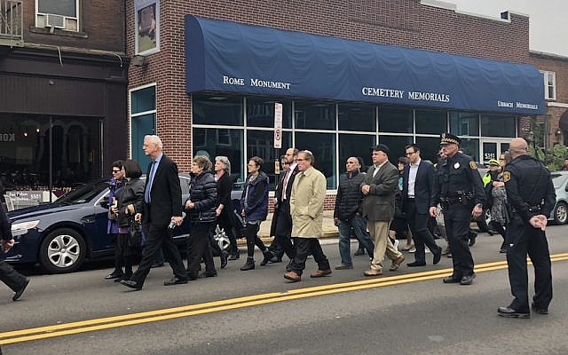Mourners walking at the funeral of Bernice and Sylvan Simon, Nov. 1, 2018. (Arielle Kaplan/JTA) Mourners walking at the funeral of Bernice and Sylvan Simon, Nov. 1, 2018. (Arielle Kaplan/JTA)