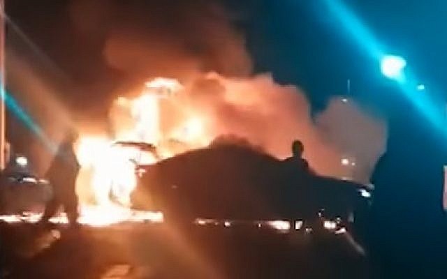 Screen capture from video of the scene where a car exploded in Tel Aviv, November 4, 2018. (YouTube) Screen capture from video of the scene where a car exploded in Tel Aviv, November 4, 2018. (YouTube)