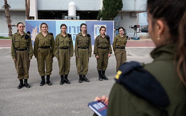 Six female recruits for an Israeli Navy pilot program to see if women can serve on warships, at the navy's Haifa Base in November 2018. (Israel Defense Forces) Six female recruits for an Israeli Navy pilot program to see if women can serve on warships, at the navy's Haifa Base in November 2018. (Israel Defense Forces)