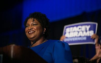 Georgia Democratic gubernatorial candidate Stacey Abrams takes the stage to declare victory in the primary, during an election night event on May 22, 2018, in Atlanta, Georgia. (Jessica McGowan/Getty Images via JTA)