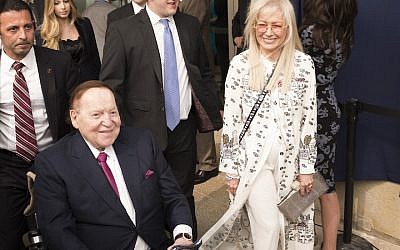 The Adelsons arrive at the opening of the US Embassy in Jerusalem, May 14, 2018. The couple are staunch supporters of the Jewish state. (Lior Mizrahi/Getty Images/via JTA)