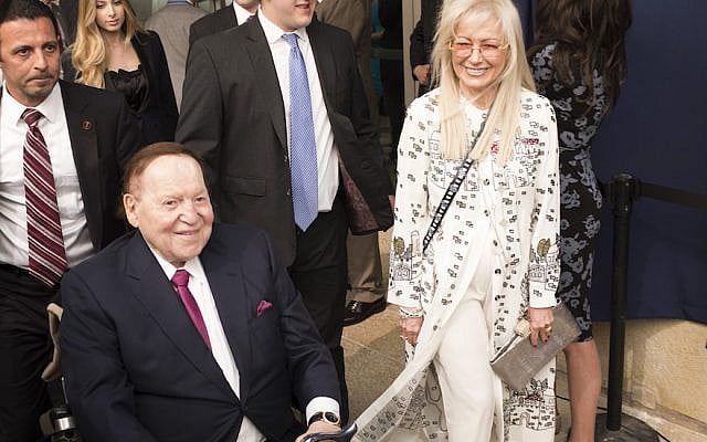 The Adelsons arrive at the opening of the US Embassy in Jerusalem, May 14, 2018. The couple are staunch supporters of the Jewish state. (Lior Mizrahi/Getty Images/via JTA) The Adelsons arrive at the opening of the US Embassy in Jerusalem, May 14, 2018. The couple are staunch supporters of the Jewish state. (Lior Mizrahi/Getty Images/via JTA)