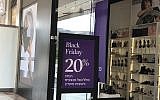Black Friday sales are cropping up across Israel. Here is a sale sign in the Arim Mall in Kfar Saba, northern Israel. (Marcy Oster/JTA)