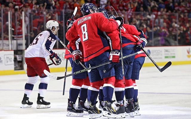 Matt Niskanen #2 of the Washington Capitals celebrates with teammates after scoring a goal against the Columbus Blue Jackets during the second period at Capital One Arena on November 9, 2018 in Washington, DC. (Patrick Smith/Getty Images via JTA) Matt Niskanen #2 of the Washington Capitals celebrates with teammates after scoring a goal against the Columbus Blue Jackets during the second period at Capital One Arena on November 9, 2018 in Washington, DC. (Patrick Smith/Getty Images via JTA)
