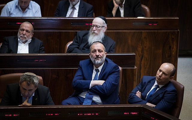 Shas party leader and Interior Minister Aryeh Deri at the Knesset in Jerusalem on November 19, 2018, during a special plenum session in memory of late Minister of Religious Affairs David Azoulay. (Hadas Parush/Flash90) Shas party leader and Interior Minister Aryeh Deri at the Knesset in Jerusalem on November 19, 2018, during a special plenum session in memory of late Minister of Religious Affairs David Azoulay. (Hadas Parush/Flash90)