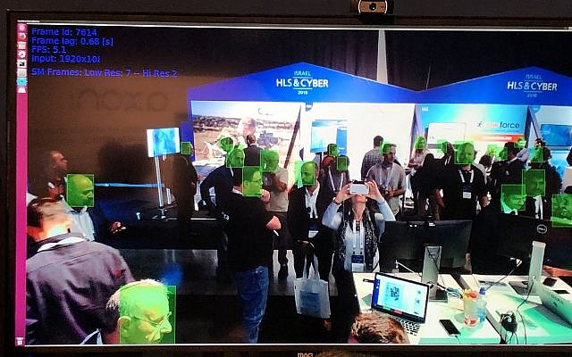 Illustrative: Visitors to the 5th International Homeland Security and Cyber Exhibition, Tel Aviv, are picked up by surveillance software that uses facial recognition, November 13, 2018. (Sue Surkes/Times of Israel) Illustrative: Visitors to the 5th International Homeland Security and Cyber Exhibition, Tel Aviv, are picked up by surveillance software that uses facial recognition, November 13, 2018. (Sue Surkes/Times of Israel)