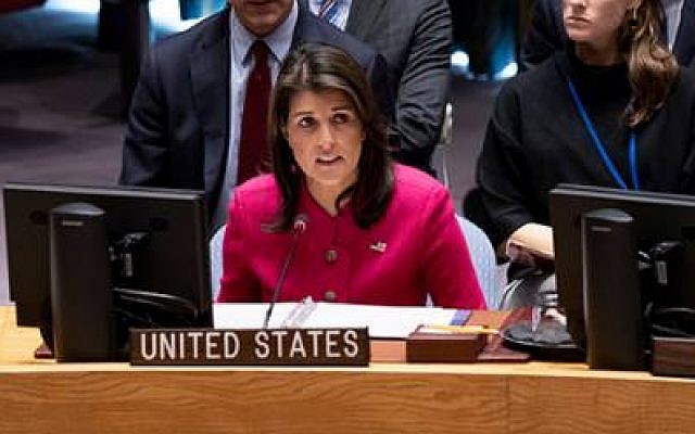 Nikki Haley speaks at a UN Security Council Meeting on the Middle East on November 19, 2018 (Courtesy)