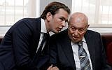 Austrian Chancellor Sebastian Kurz speaks to an Israeli Holocaust survivor from Austria in Jerusalem, June 10, 2018. (Gali Tibbon/AFP/Getty Images/via JTA)