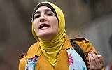 US activist Linda Sarsour speaks during a 'Women For Syria' gathering at Union Square, in New York City, April 13, 2017. (Drew Angerer/Getty Images via JTA)