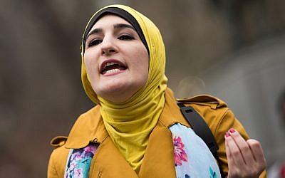US activist Linda Sarsour speaks during a 'Women For Syria' gathering at Union Square, in New York City, April 13, 2017. (Drew Angerer/Getty Images via JTA)