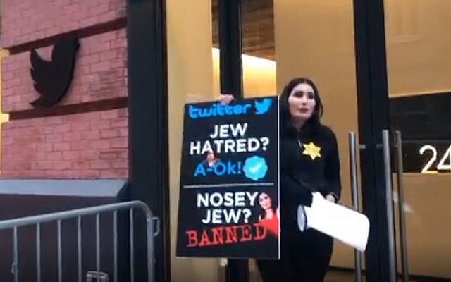 Laura Loomer during a protest outside Twitter's Manhattan offices on November 29, 2018. (Screen capture: Periscope) Laura Loomer during a protest outside Twitter's Manhattan offices on November 29, 2018. (Screen capture: Periscope)