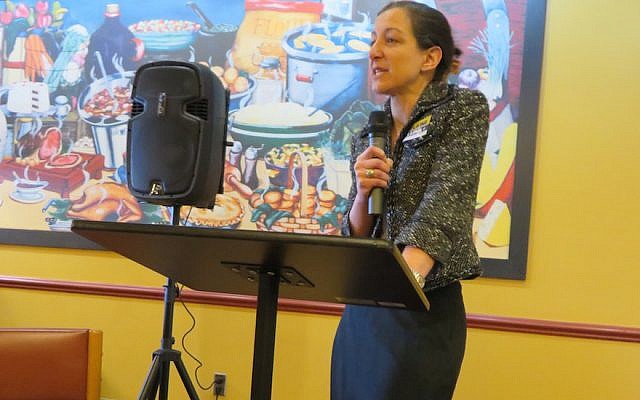 Elaine Luria speaks at a Democratic committee meeting in Norfolk, Va., Feb. 3, 2018. The Navy veteran upset a Republican incumbent to win a House seat. (Ron Kampeas/JTA)