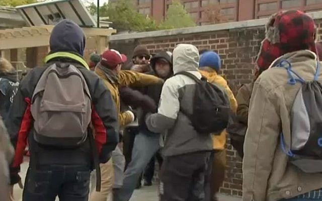 Violence between right- and left-wing protesters at Philadelphia's Independence Mall, November 17, 2018. (NBC10 screen capture) Violence between right- and left-wing protesters at Philadelphia's Independence Mall, November 17, 2018. (NBC10 screen capture)