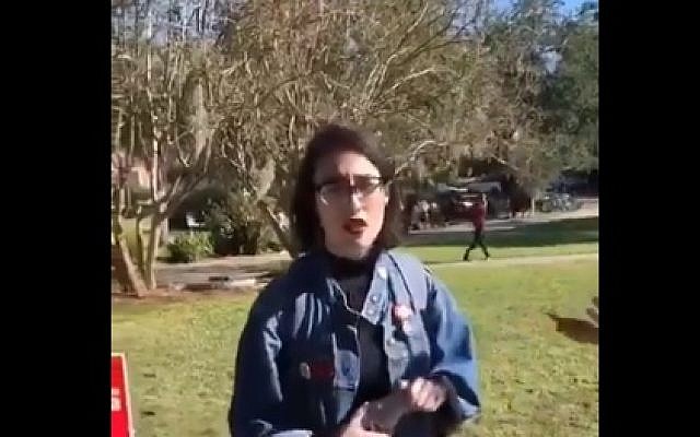 Shelby Shoup, a Florida Jewish student is arrested after spilling chocolate milk on a Republican activist (screen capture: Twitter video) Shelby Shoup, a Florida Jewish student is arrested after spilling chocolate milk on a Republican activist (screen capture: Twitter video)