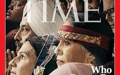 Rabbi Sharon Brous, wearing a blue tallit, can be seen on Time Magazine’s latest cover. (Time Magazine via JTA) Rabbi Sharon Brous, wearing a blue tallit, can be seen on Time Magazine’s latest cover. (Time Magazine via JTA)