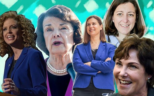 From left to right, Debbie Wasserman Schultz, Dianne Feinstein, Elissa Slotkin, Elaine Luria and Jacky Rosen. (JTA Collage; Wasserman Schultz photo: DNC via Flickr; Feinstein photo: Zach Gibson/Getty Images; Slotkin photo: Elissa Slotkin for Congress; Luria photo: Elaine Luria Campaign; Rosen photo: Ethan Miller/Getty Images)