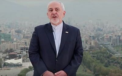 Iran Foreign Minister Mohammad Javad Zarif appearing in a YouTube video on November 6, 2018. (screen capture: YouTube)