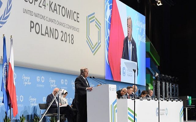 Antonio Guterres, United Nations Secretary-General, delivers a speech during the opening of the COP24 summit on climate change in Katowice, Poland, on December 3, 2018. (Janek SKARZYNSKI/AFP) Antonio Guterres, United Nations Secretary-General, delivers a speech during the opening of the COP24 summit on climate change in Katowice, Poland, on December 3, 2018. (Janek SKARZYNSKI/AFP)