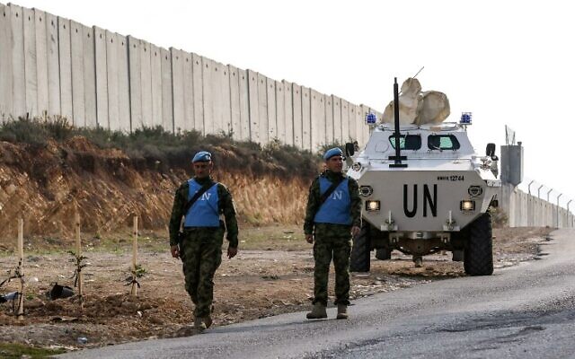 United Nations Interim Force in Lebanon (UNIFIL) soldiers patrol along the border wall with Israel near the southern Lebanese village of Kfar Kila on December 4, 2018. (Mahmoud Zayyat/AFP) United Nations Interim Force in Lebanon (UNIFIL) soldiers patrol along the border wall with Israel near the southern Lebanese village of Kfar Kila on December 4, 2018. (Mahmoud Zayyat/AFP)