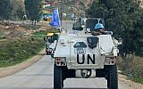 A United Nations Interim Force in Lebanon (UNIFIL) armored personnel carrier (APC) patrols along the border with Israel near the southern Lebanese village of Kfar Kila on December 4, 2018. (Mahmoud Zayyat/AFP)