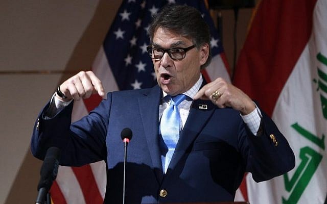 US Energy Secretary Rick Perry speaks at a joint press conference in the Iraqi capital Baghdad on December 11, 2018. (Photo by Hadi Mizban / POOL / AFP) US Energy Secretary Rick Perry speaks at a joint press conference in the Iraqi capital Baghdad on December 11, 2018. (Photo by Hadi Mizban / POOL / AFP)