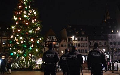 Police officers patrol on December 13, 2018, in Strasbourg eastern France, near the Christmas market, after a shooting breakout, on December 11, 2018. (Alain Jocard/AFP) Police officers patrol on December 13, 2018, in Strasbourg eastern France, near the Christmas market, after a shooting breakout, on December 11, 2018. (Alain Jocard/AFP)