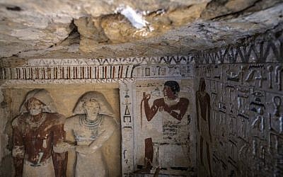 This picture taken on December 15, 2018 shows a mark made to monitor a crack in the ceiling of a newly-discovered tomb belonging to the high priest "Wahtye" who served during the fifth dynasty reign of King Neferirkare (between 2500-2300 BC), at the Saqqara necropolis, 30 kilometres south of the Egyptian capital Cairo. (Khaled DESOUKI / AFP)