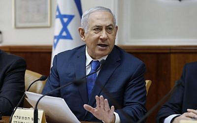 Prime Minister Benjamin Netanyahu at the weekly cabinet meeting at the Prime Minister's Office in Jerusalem on December 16, 2018. (Abir Sultan/Pool/AFP)