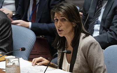 File - Then-US Ambassador to the UN Nikki Haley addresses the UNSC during a United Nations Security Council meeting on Ukraine at the United Nations in New York, November 26, 2018 (Don Emmert/AFP)