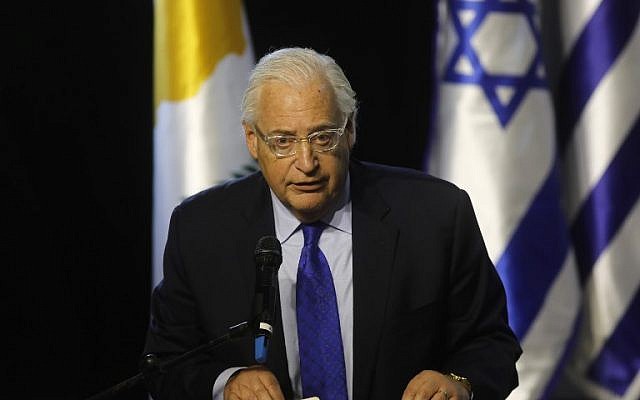 US Ambassador to Israel David Friedman delivers a speech during the 5th Israel-Greece-Cyprus summit on December 20, 2018, in Beersheba. (Menahem Kahana/AFP) US Ambassador to Israel David Friedman delivers a speech during the 5th Israel-Greece-Cyprus summit on December 20, 2018, in Beersheba. (Menahem Kahana/AFP)