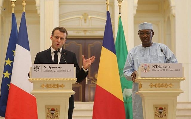 France's president Emmanuel Macron (L) and Chad's president Idriss Deby hold a press conference at the presidential palace in N'Djamena, on December 23, 2018. (Photo by Ludovic MARIN / AFP) France's president Emmanuel Macron (L) and Chad's president Idriss Deby hold a press conference at the presidential palace in N'Djamena, on December 23, 2018. (Photo by Ludovic MARIN / AFP)