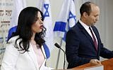 Justice Minister Ayelet Shaked, left, and Education Minister Nafatli Bennett announce the establishment of the New Right (HaYamin HeHadash) party at a press conference in Tel Aviv on December 29, 2018. (Jack Guez/AFP)