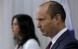 Education Minister Naftali Bennett (R) and Justice Minister Ayelet Shaked announce the establishment of the New Right party, at a press conference in Tel Aviv, on December 29, 2018. (Jack Guez AFP/File)