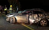 A car in which two people were killed and three wounded in a crash near Kiryat Gat on December 7, 2018. (Police Spokesperson)