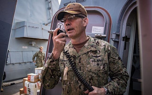 Vice Adm. Scott Stearney speaks on the shipboard intercom to welcome the crew of the guided-missile destroyer USS Jason Dunham to Manama, Bahrain, on October 24, 2018. (US Navy/ Jonathan Clay) Vice Adm. Scott Stearney speaks on the shipboard intercom to welcome the crew of the guided-missile destroyer USS Jason Dunham to Manama, Bahrain, on October 24, 2018. (US Navy/ Jonathan Clay)