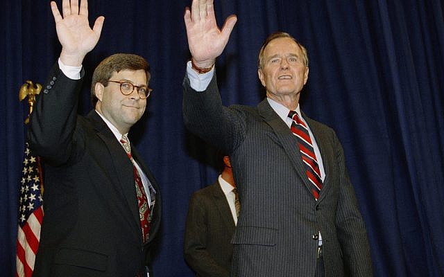 In this Nov. 26, 1991, file photo, President George H.W Bush, right, and William Barr wave after Barr was sworn in as the new Attorney General of the United States at a Justice Department ceremony in Washington. (AP/Scott Applewhite,File) In this Nov. 26, 1991, file photo, President George H.W Bush, right, and William Barr wave after Barr was sworn in as the new Attorney General of the United States at a Justice Department ceremony in Washington. (AP/Scott Applewhite,File)