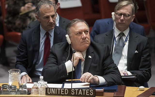 US Secretary of State Mike Pompeo adjusts his tie during a UN Security Council meeting on Iran's compliance with the 2015 nuclear agreement, on December 12, 2018, at United Nations headquarters. (AP Photo/Mary Altaffer) US Secretary of State Mike Pompeo adjusts his tie during a UN Security Council meeting on Iran's compliance with the 2015 nuclear agreement, on December 12, 2018, at United Nations headquarters. (AP Photo/Mary Altaffer)