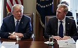 Then-deputy defense secretary Patrick Shanahan, right, listens as US President Donald Trump speaks during a Cabinet meeting at the White House, in Washington, DC, on April 9, 2018. (AP Photo/Evan Vucci, File)