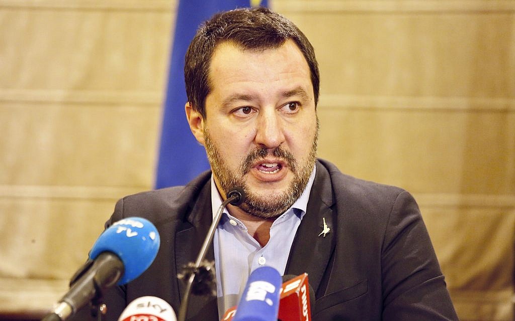 Italian Interior Minister Matteo Salvini speaks during a press conferences at the King David Hotel in Jerusalem, December 11, 2018. (AP Photo/Ariel Schalit)