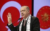 Turkey's President Recep Tayyip Erdogan addresses Muslim parliamentarians during a meeting on Jerusalem in Istanbul, December 14, 2018 (Presidential Press Service via AP, Pool)