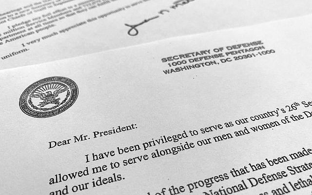 Part of US Defense Secretary Jim Mattis' resignation letter to President Donald Trump is photographed in Washington, on December 20, 2018. (AP Photo/Jon Elswick) Part of US Defense Secretary Jim Mattis' resignation letter to President Donald Trump is photographed in Washington, on December 20, 2018. (AP Photo/Jon Elswick)
