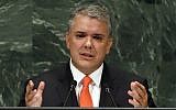 In this September 26, 2018, file photo, Colombia's President Ivan Duque addresses the 73rd session of the United Nations General Assembly, at UN headquarters. (AP Photo/Richard Drew, File)