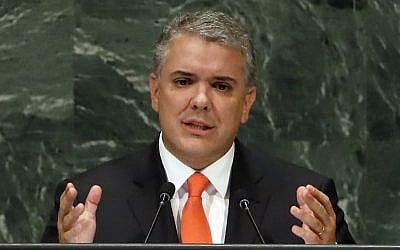 In this September 26, 2018, file photo, Colombia's President Ivan Duque addresses the 73rd session of the United Nations General Assembly, at UN headquarters. (AP Photo/Richard Drew, File)