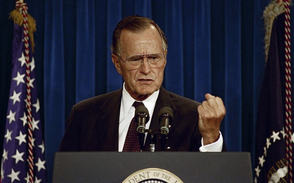 President Bush gestures during a news conference at the White House in Washington, Thursday, Sept. 12, 1991. The president declared that he would use his veto power if necessary to delay action on Israel's call for $10 billion in loan guarantees to help house Soviet immigrants. (AP/Greg Gibson) President Bush gestures during a news conference at the White House in Washington, Thursday, Sept. 12, 1991. The president declared that he would use his veto power if necessary to delay action on Israel's call for $10 billion in loan guarantees to help house Soviet immigrants. (AP/Greg Gibson)