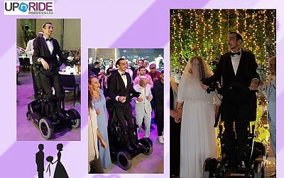 Adir Simantov, an IDF soldier paralyzed in a car accident six years ago, fulfilled his dream of marrying his sweetheart Liat. He us using a device developed by UPnRide Robotics Ltd. that helps people paralyzed from their necks down to stand up and be mobile (UPnRIDE)