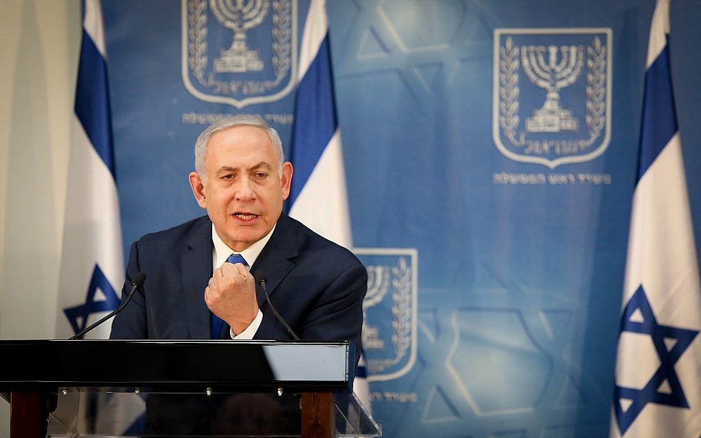 Prime Minister Benjamin Netanyahu speaks as he holds a press conference with IDF Chief of Staff Gadi Eisenkott at the defense headquarters in Tel Aviv, on December 4, 2018. (Noam Revkin Fenton/Flash90)