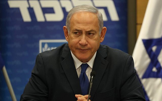 Prime Minister Benjamin Netanyahu leads a Likud faction meeting at the Knesset on December 10, 2018 (Yonatan Sindel/FLASH90) Prime Minister Benjamin Netanyahu leads a Likud faction meeting at the Knesset on December 10, 2018 (Yonatan Sindel/FLASH90)