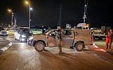 Road blocks in the West Bank following a terror attack where two Israeli soldiers were shot by Palestinian terrorists, and two more seriously injured, December 13, 2018. (Gershon Elinson/FLASH90)